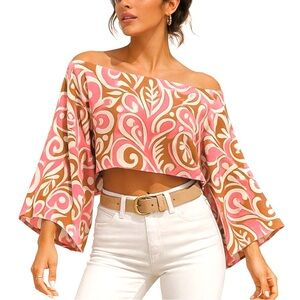 Linen Boho Retro Print Crop Top | Pink & Tan Off-Shoulder Wide Sleeve Blouse